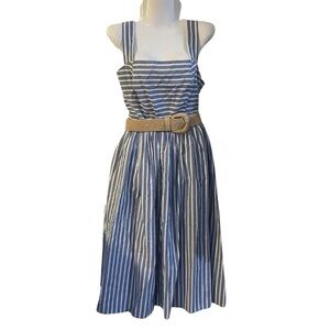 Eliza J Striped Belted Midi Smocked Dress Size 8 A- Line Skirt Coastal Nautical